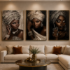 9BCB9E36-6E95-4F95-9F10-A3598B60702D Ensemble de 3 tableaux muraux en cristal porcelaine – Collection Élégance Africaine – Cadre noir ou champagne brossé – 50 × 70 cm chacun