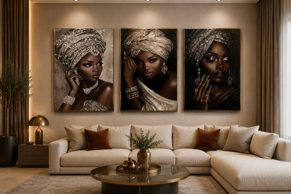 9BCB9E36-6E95-4F95-9F10-A3598B60702D Ensemble de 3 tableaux muraux en cristal porcelaine – Collection Élégance Africaine – Cadre noir ou champagne brossé – 50 × 70 cm chacun