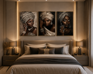 9DAE38A3-C8F9-4CFD-8EBD-48DACA1DF7D4 Ensemble de 3 tableaux muraux en cristal porcelaine – Collection Élégance Africaine – Cadre noir ou champagne brossé – 50 × 70 cm chacun