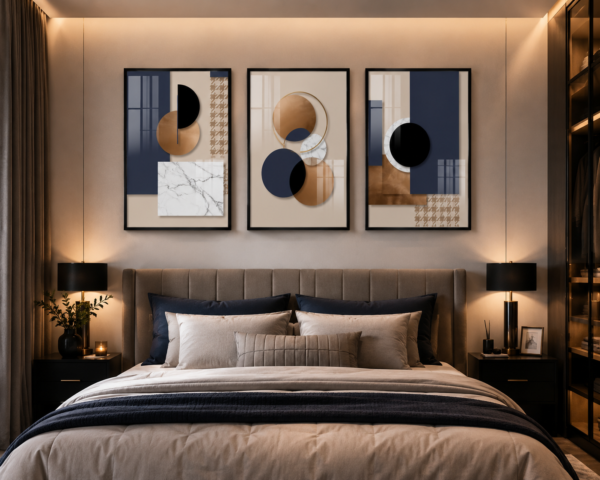 Ensemble de 3 Tableaux Abstraits Modernes – Cadre Aluminium Or Champagne – Cristal Porcelaine Effet Diamant – 50 × 70 cm