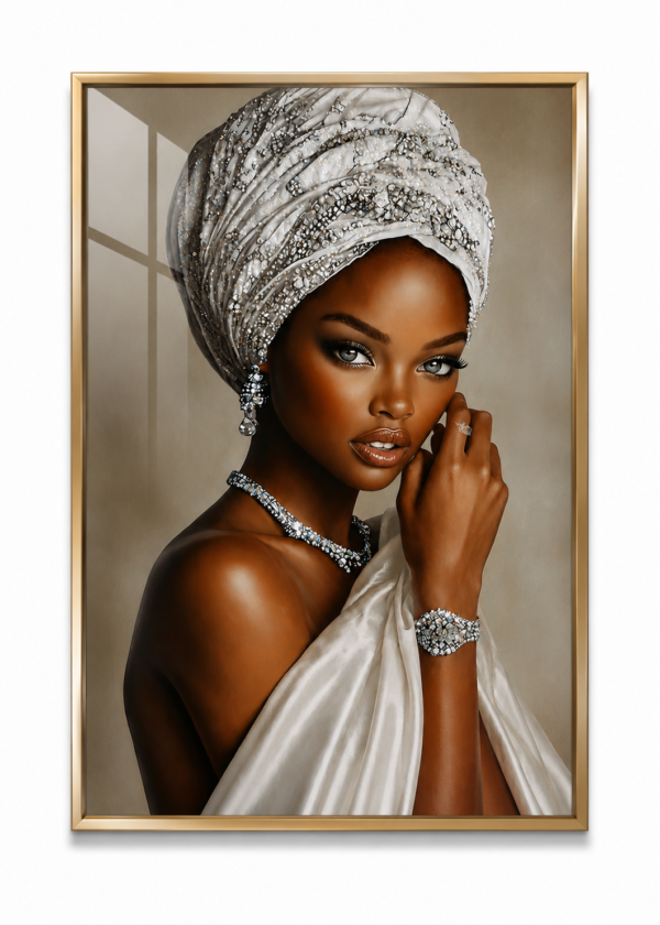 A0639936-B1AA-4FC8-A0EC-AC54221746B9 Pièce d’art mural en cristal porcelaine – Portrait Élégance Africaine – 50 × 70 cm – Cadre aluminium or champagne brossé