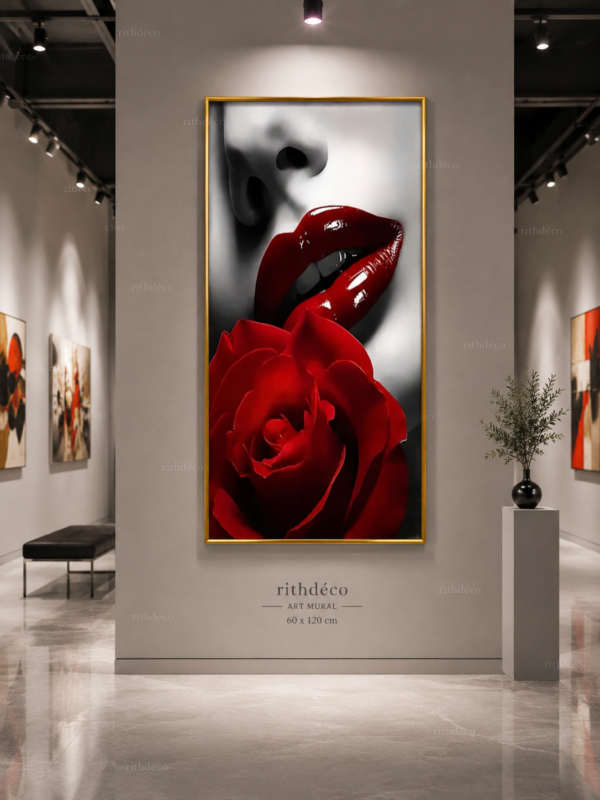 Cadre Décoration Mural Luxe – Lèvres Rouges & Rose Rouge – Art Contemporain – Cadre Cristal Porcelaine en Diamant – 60 × 120 cm – Encadrement Doré