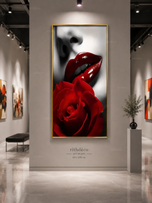 Cadre Décoration Mural Luxe – Lèvres Rouges & Rose Rouge – Art Contemporain – Cadre Cristal Porcelaine en Diamant – 60 × 120 cm – Encadrement Doré