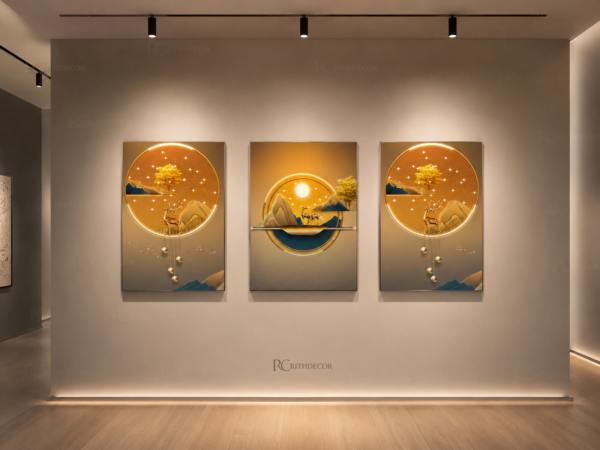 Ensemble de 3 Tableaux Décoratifs Modernes – Paysage Doré avec Cerfs | Cadre Canva | 45 x60 cm | Art Mural Élégant – RithDecor