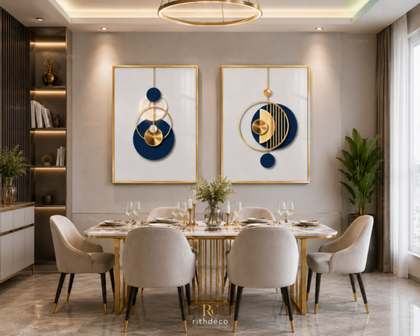 A69164C8-54CF-4C6A-AD05-81D894EF9634 Ensemble de 2 Tableaux Muraux Abstraits Modernes – Bleu Marine et Or – Décoration Murale de Luxe – Cadre Noir – 50 × 70 cm