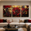 Ensemble de 3 Tableaux Muraux Luxe en Cristal Porcelaine – Roses Rouges & Feuilles Dorées – Cadres 50 × 70 cm – Décoration Élégante pour Intérieur | Rithdecor