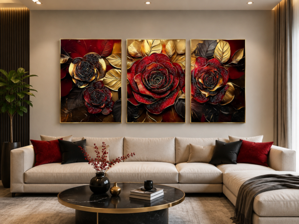 Ensemble de 3 Tableaux Muraux Luxe en Cristal Porcelaine – Roses Rouges & Feuilles Dorées – Cadres 50 × 70 cm – Décoration Élégante pour Intérieur | Rithdecor