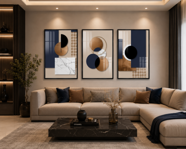 Ensemble de 3 Tableaux Abstraits Modernes – Cadre Aluminium Or Champagne – Cristal Porcelaine Effet Diamant – 50 × 70 cm