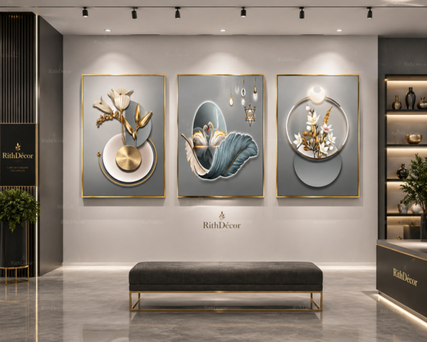Ensemble de 3 Tableaux Muraux Modernes – Fleurs & Cygnes – Cadres Cristal Porcelaine en Diamant – Encadrement Doré – 50 × 70 cm