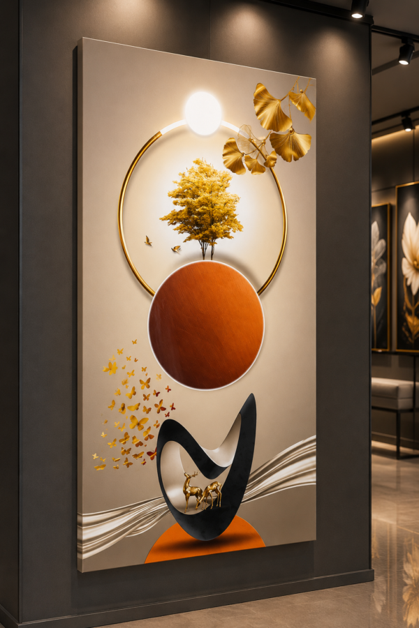 Tableau Abstrait Moderne 3D Beige et Or – Toile Murale Verticale 60 × 120 cm – Décoration de Salon de Luxe