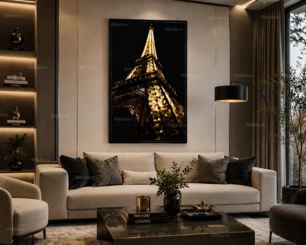 B14B7FC2-DCB4-4AF4-A1C2-9C552C75C028 Art Éméral – Tour Eiffel Noire et Or – Cadre Décoratif en Cristal Porcelaine 50 × 70 cm – Encadrement Doré ou Noir – Art Mural Moderne