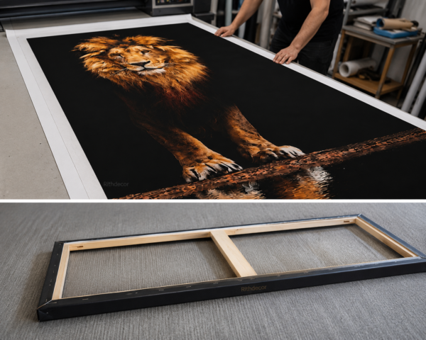 B1574264-FE1F-40C0-8082-BF80B3C0A7C1 Lion Majestueux – Tableau Décoratif sur Toile | Canvas Wall Art Moderne | Noir et Or | 60 × 120 cm | RithDecor