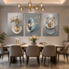 Ensemble de 3 Tableaux Décoratifs Floraux Modernes – Canvas sur Toile – Art Mural Contemporain – 50 × 70 cm – Tons Gris, Blanc et Or