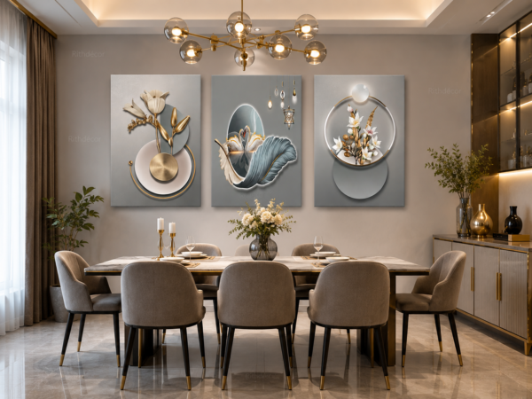 Ensemble de 3 Tableaux Décoratifs Floraux Modernes – Canvas sur Toile – Art Mural Contemporain – 50 × 70 cm – Tons Gris, Blanc et Or