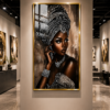 Art mural 1 pièce – Femme Africaine Élégante | Cadre en Cristal Porcelaine | Verre Brillant | Cadre Noir | 50 × 70 cm | Rithdecor
