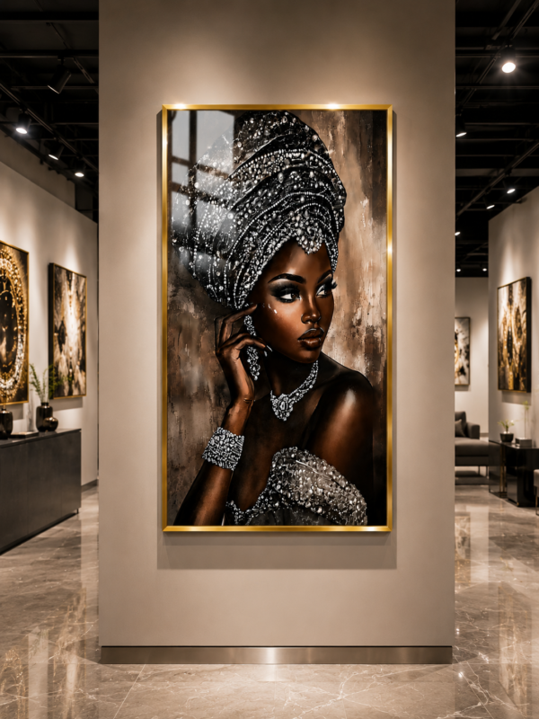 Art mural 1 pièce – Femme Africaine Élégante | Cadre en Cristal Porcelaine | Verre Brillant | Cadre Noir | 50 × 70 cm | Rithdecor