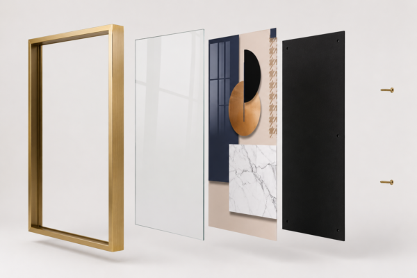 Ensemble de 3 Tableaux Abstraits Modernes – Cadre Aluminium Or Champagne – Cristal Porcelaine Effet Diamant – 50 × 70 cm