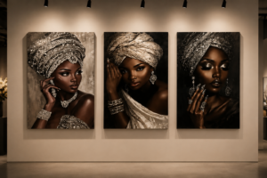 B64A709A-657E-496E-A4F9-173E155753CA Ensemble de 3 tableaux sur toile – Femmes africaines élégantes – 18 × 24 pouces