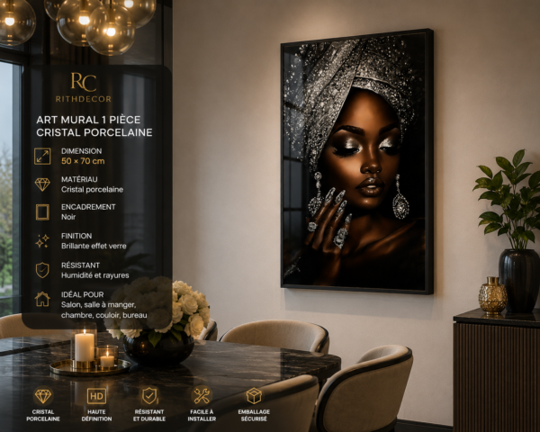 B7ADECE1-B30E-4B63-9BF6-49B625CC1581 Art mural 1 pièce – Portrait Femme Élégante Noir & Or | Tableau en Cristal Porcelaine | Décoration Murale Moderne | 50 × 70 cm | Rithdecor