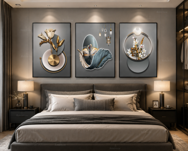 Ensemble de 3 Tableaux Muraux Modernes – Fleurs & Cygnes – Cadres Cristal Porcelaine en Diamant – Encadrement Doré – 50 × 70 cm