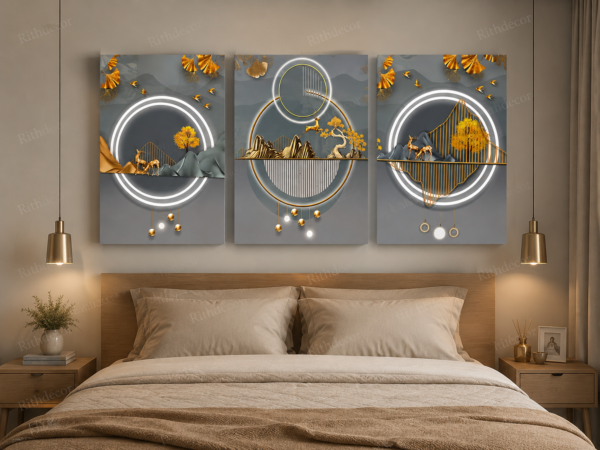 Tableau Mural Abstrait Moderne – Ensemble de 3 Pièces – Toile Canvas Encadrée – 50 × 70 cm – Gris, Or et Blanc – Décoration Murale de Luxe