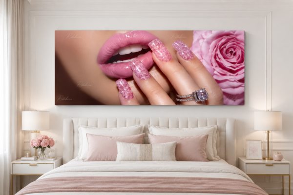 Art mural Rose Glamour – Tableau sur Toile (Canvas) | Lèvres Roses & Manucure Luxe | Décoration Murale Moderne | 60 × 120 cm | Rithdecor