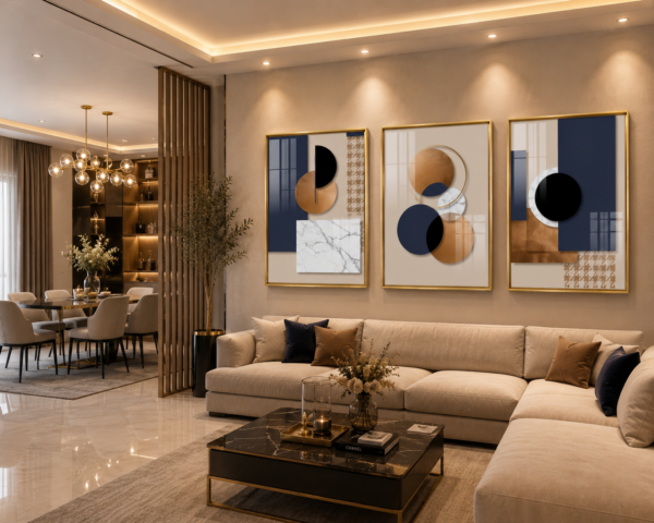Ensemble de 3 Tableaux Abstraits Modernes – Cadre Aluminium Or Champagne – Cristal Porcelaine Effet Diamant – 50 × 70 cm