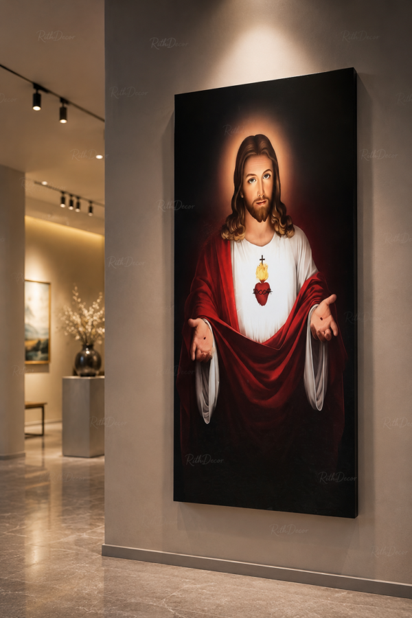 1 Pcs Tableau Décoratif Jésus Sacré-Cœur – Art Mural Religieux Moderne | Cadre Canva | 60 × 120 cm | RithDecor