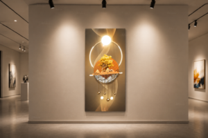 Tableau Décoratif Moderne Arbre Doré & Cerfs – Art Mural Vertical | Cadre Canva | 60 × 120 cm | RithDecor