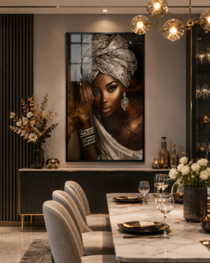 D26EB4E0-23EE-4A41-8975-34D893233189 Art mural 1 pièce – Femme Africaine Élégante | Cadre en Cristal Porcelaine | Cadre Noir | Décoration Murale Moderne | 50 × 70 cm | Rithdecor