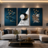 Ensemble de 3 Tableaux Muraux Abstraits de Luxe – Art Géométrique Bleu Marine et Marbre – Canvas sur Toile – 50 × 70 cm