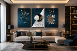 D398F375-9026-4A18-A03E-02F8C5D1DF7D Ensemble de 3 Tableaux Muraux Abstraits de Luxe – Art Géométrique Bleu Marine et Marbre – Canvas sur Toile – 50 × 70 cm