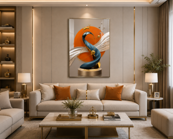 1 Pcs Tableau mural moderne en cristal porcelaine – Sculpture abstraite de luxe avec cadre noir ou champagne brossé