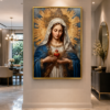 La Vierge Marie au Cœur Immaculé – Cadre Décoration Religieuse de Luxe – Art Sacré – Cadre Cristal Porcelaine en Diamant – 50 × 70 cm – Encadrement Doré