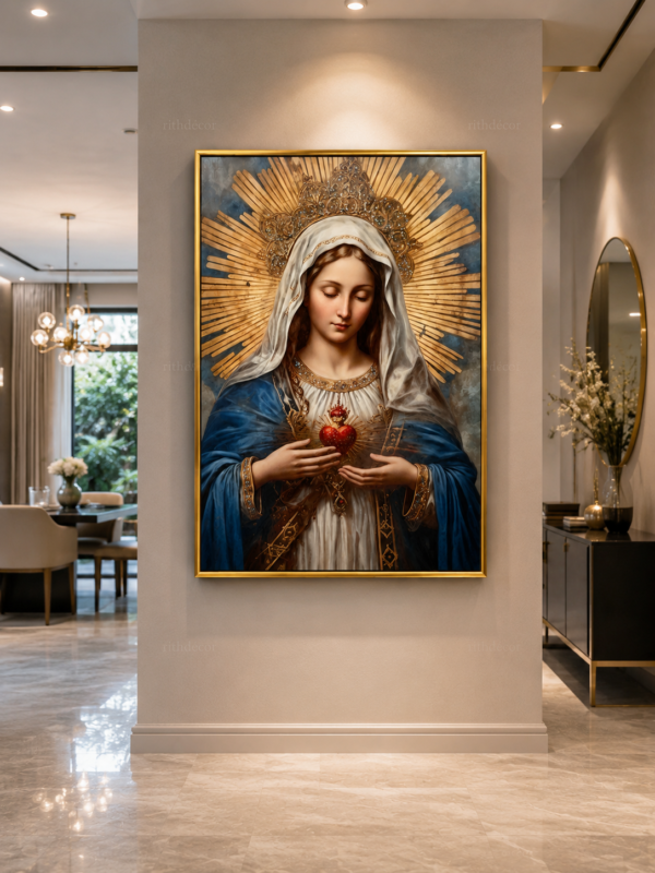 La Vierge Marie au Cœur Immaculé – Cadre Décoration Religieuse de Luxe – Art Sacré – Cadre Cristal Porcelaine en Diamant – 50 × 70 cm – Encadrement Doré