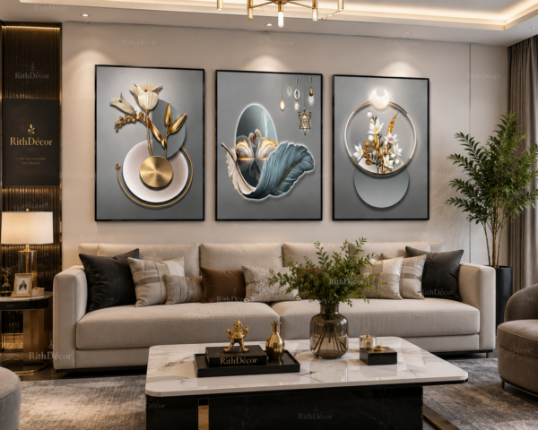 Ensemble de 3 Tableaux Muraux Modernes – Fleurs & Cygnes – Cadres Cristal Porcelaine en Diamant – Encadrement Doré – 50 × 70 cm