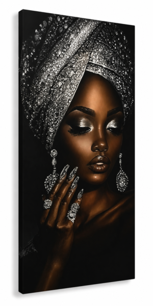 Art mural 1 pièce sur toile (Canvas) – Portrait Femme Élégante Noir & Argent | Décoration Murale Moderne | Tableau Vertical 60 × 120cm | Rithdecor