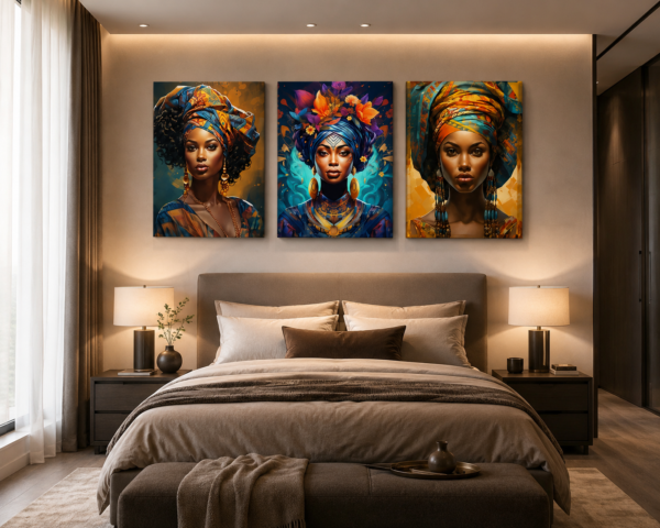 Ensemble de 3 Tableaux Africains Modernes – Art Mural sur Toile (Canvas) – Décoration Murale Colorée – 50 × 70 cm chacun