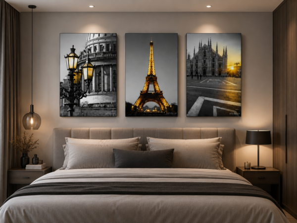 Trio Urbain Prestige – Paris & Architecture Européenne | Ensemble de 3 Tableaux sur Toile