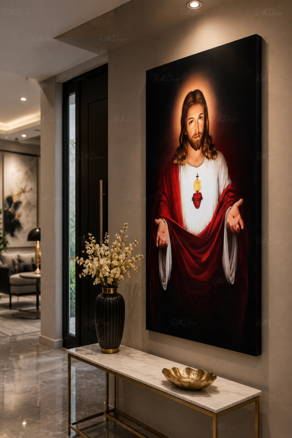 1 Pcs Tableau Décoratif Jésus Sacré-Cœur – Art Mural Religieux Moderne | Cadre Canva | 60 × 120 cm | RithDecor