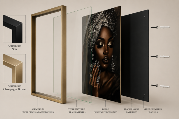 E773F260-A704-42C5-A5C8-0F69438D66AE Ensemble de 3 tableaux muraux en cristal porcelaine – Collection Élégance Africaine – Cadre noir ou champagne brossé – 50 × 70 cm chacun