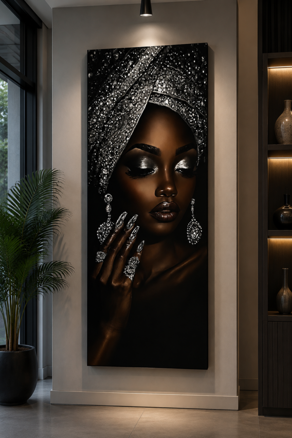 EAF8CBB0-FF4C-49CC-85C5-19D798C7C398 Art mural 1 pièce sur toile (Canvas) – Portrait Femme Élégante Noir & Argent | Décoration Murale Moderne | Tableau Vertical 60 × 120cm | Rithdecor