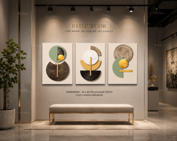 Ensemble de 3 Tableaux Muraux Abstraits – Canvas sur Toile – Art Géométrique Moderne – 45 × 60 cm – Tons Beige, Vert Sauge, Noir et Or