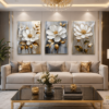 Ensemble de 3 Pièces – Art Mural Floral Moderne | Cadre en Cristal Porcelaine | 50 × 70 cm | Décoration Murale de Luxe | RithDecor