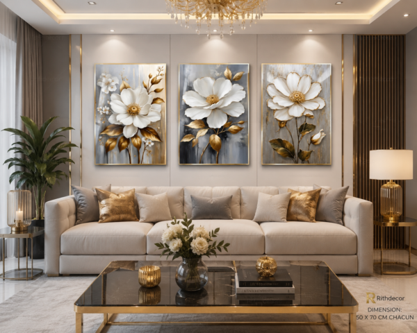 Ensemble de 3 Pièces – Art Mural Floral Moderne | Cadre en Cristal Porcelaine | 50 × 70 cm | Décoration Murale de Luxe | RithDecor