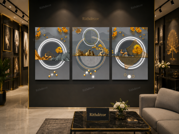 Tableau Mural Abstrait Moderne – Ensemble de 3 Pièces – Toile Canvas Encadrée – 50 × 70 cm – Gris, Or et Blanc – Décoration Murale de Luxe