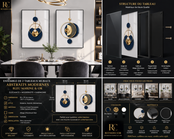 F249B25B-562A-4D0C-A0C2-F343A53869E3 Ensemble de 2 Tableaux Muraux Abstraits Modernes – Bleu Marine et Or – Décoration Murale de Luxe – Cadre Noir – 50 × 70 cm