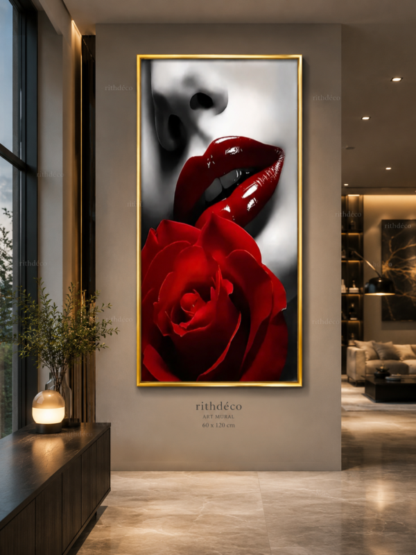 Cadre Décoration Mural Luxe – Lèvres Rouges & Rose Rouge – Art Contemporain – Cadre Cristal Porcelaine en Diamant – 60 × 120 cm – Encadrement Doré