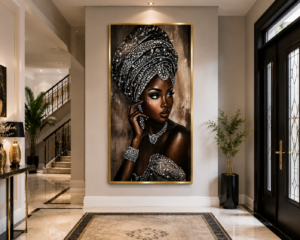 Art mural 1 pièce – Femme Africaine Élégante | Tableau en Cristal Porcelaine | Cadre Jaune Or | 60 × 120 cm | Décoration Murale de Luxe | Rithdecor