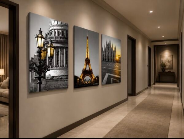 Trio Urbain Prestige – Paris & Architecture Européenne | Ensemble de 3 Tableaux sur Toile
